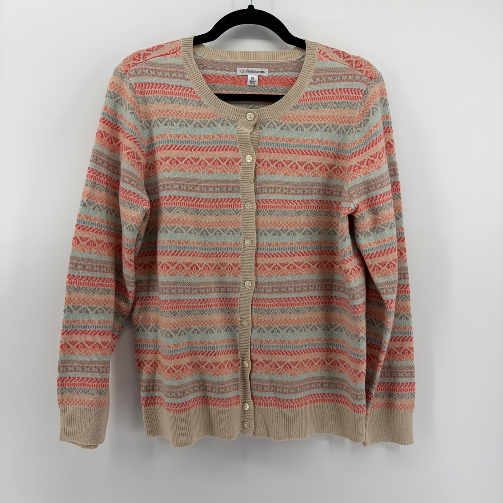 Croft & Barrow Fair Isle Knit Cardigan Sweater Womens Medium Coral Blue Tan